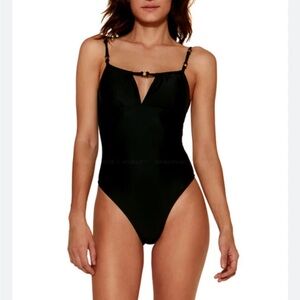 VIX Paula Hermanny black one piece swimsuit gold trim S‎ NWT
